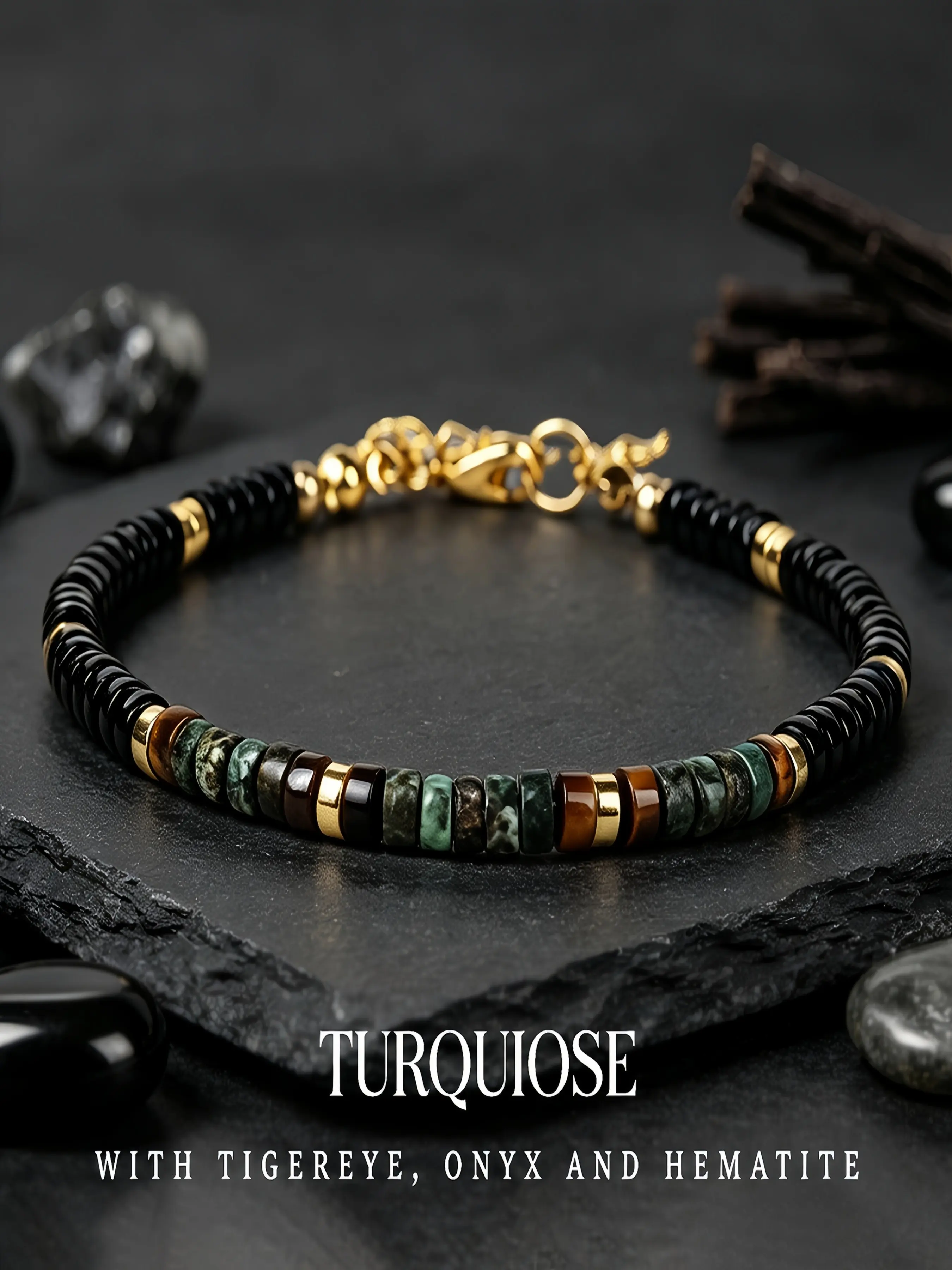 Unisex Bohemian Flat Spacer Bead Bracelet, Natural African Turquoise, Obsidian, Tiger Eye, Hematite Gemstone, Lobster Clasp, Vintage Jewelry, Exquisite Bracelet