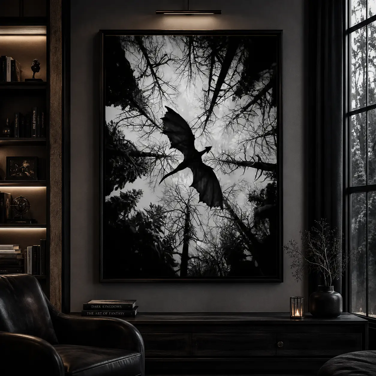 Mystical "Ancient Dragon" Canvas Wall Art Print - Misty Mountain Silhouette, Dark Fantasy Gothic Room Decor, Unframed