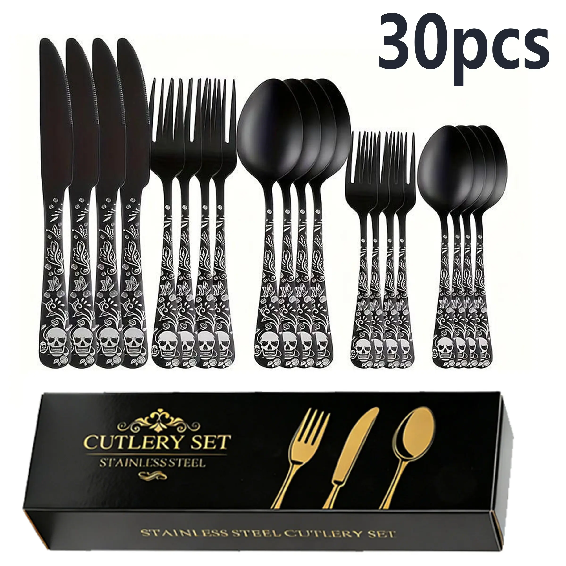 10/20/30/50 Pieces，Gothic Skull Pattern Tableware Set, Stainless Steel Spoon Fork Knife, Dishwasher Safe, Polished Finish,