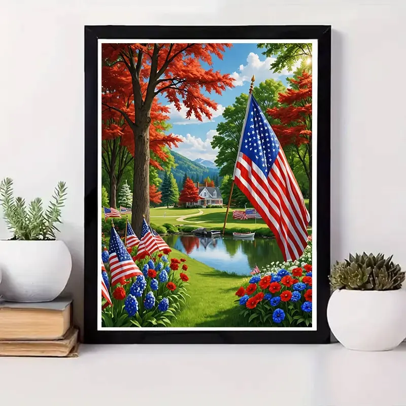 One 2D Flat Unframed Handmade DIY Diamond Painting Kit American Pastoral Autumn Scenery with American Flag Lake House Red Leaf Trees Flowers Home Living Room Bedroom Wall Decoration