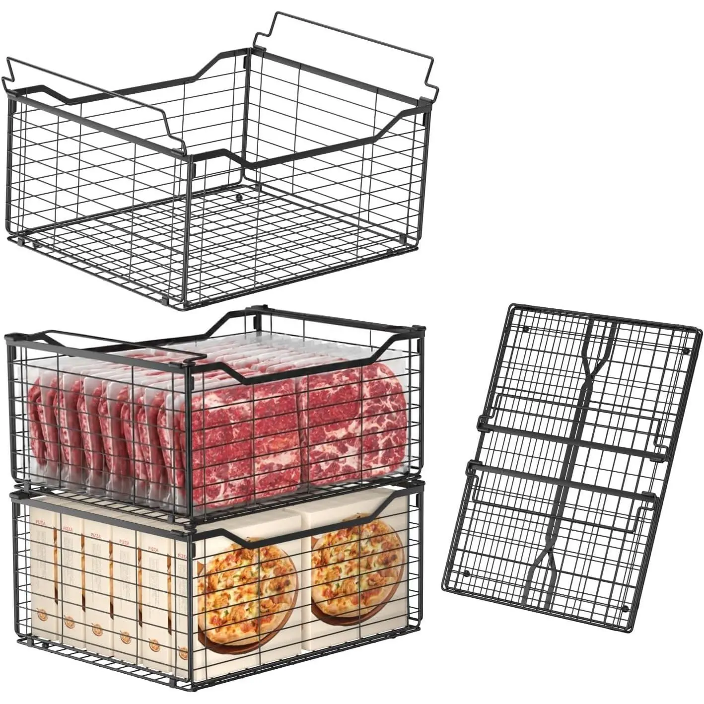 Freezer Organizer Bins,3 Pack Large Deep Freezer Organizer Bins for 5/7/10 Cu.FT Deep Freezer,Easy Access,Stackable & Sturdy,Black