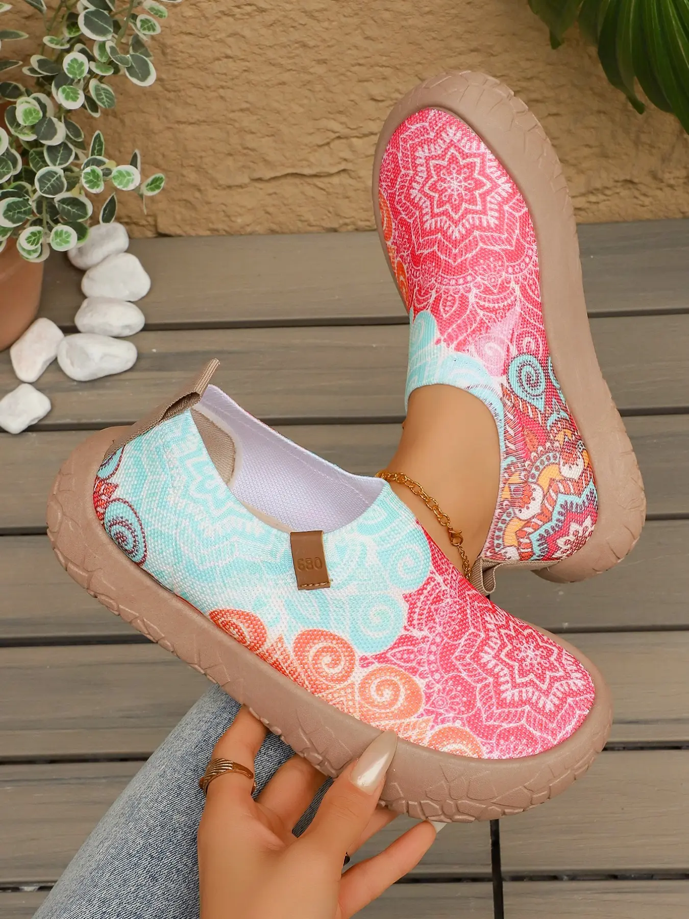 Women's Breathable Flyknit Slip-On Shoes, Lace-Up Casual Rubber Shoes, Thick Sole Anti-Slip Walking Flat Shoes, Multiple Color Options, Spring Wear