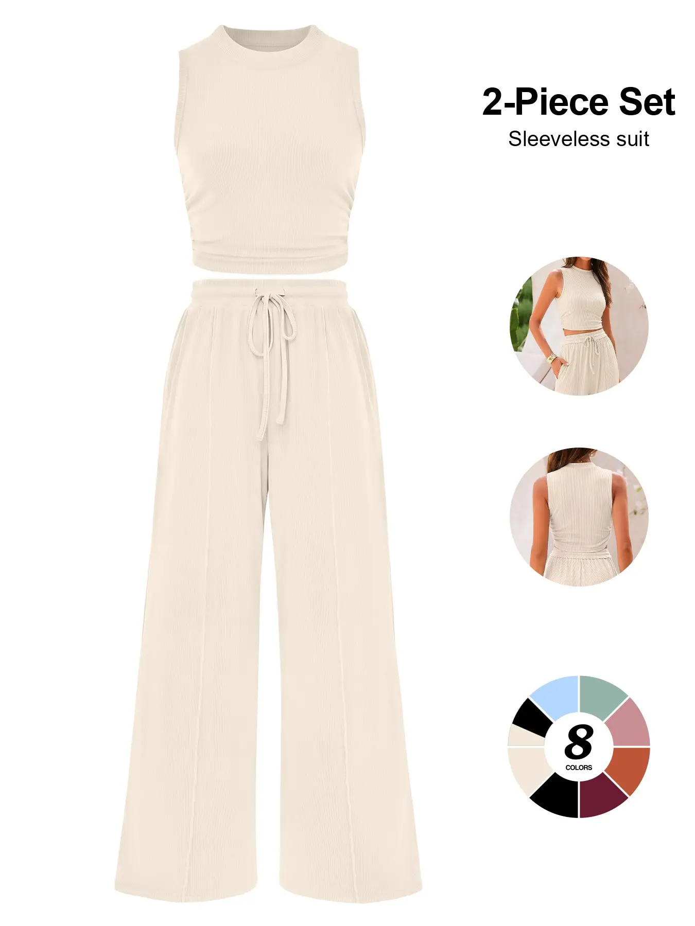 Womens Summer 2 Piece Outfit Ribbed Knit Sleeveless Crop Top and Wide Leg Pants Casual Lounge Matching Set Clothes Minimalist Loungewear Set