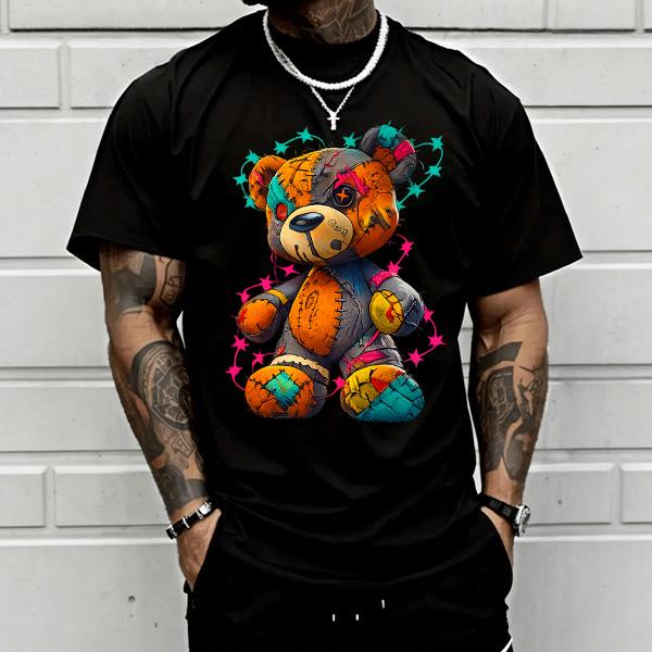 Men's Baggy Shortsleeve T-Shirt with Teddy Bear Graffiti Print, 2000s-Inspired Urban Streetwear for Back to School Outfits, Street Style, Menswear, Oversized, Students, Tshirt, Patchwork, Round Neck, Letters, Cotton,loose