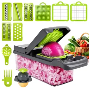 14 in 1 Manual Vegetable Slicer with Container Multi Function Food Chopper Cutter for Onion Carrot Cucumber Safe Food Grade Transparent System Home Kitchen Ramadan Celebration Essential