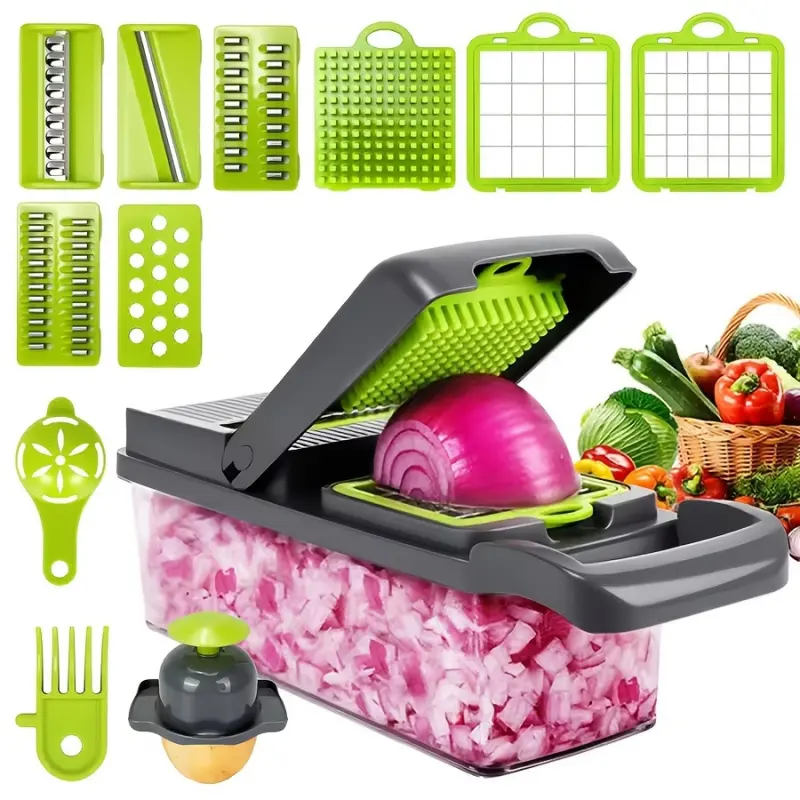 14 in 1 Manual Vegetable Slicer with Container Multi Function Food Chopper Cutter for Onion Carrot Cucumber Safe Food Grade Transparent System Home Kitchen Ramadan Celebration Essential