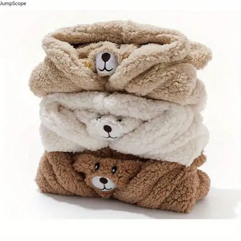 Unisex Anime Bear 3-in-1 Plush Hat, Integrated Scarf Mask & Earmuffs, Double-Layer Fleece Lined Headwear, Elastic Drawstring Lightweight Breathable Polyester Accessory for Autumn Winter Daily Outdoor Wear