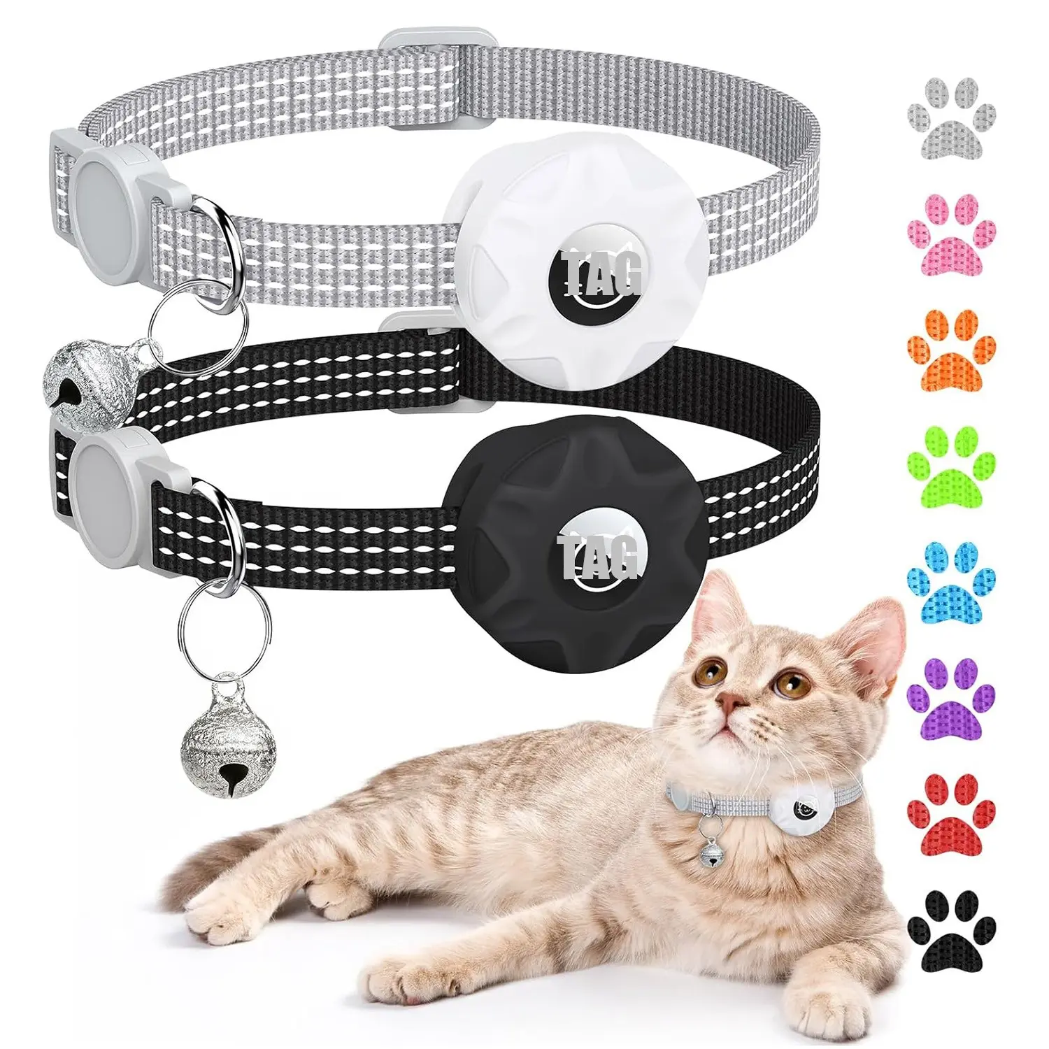 2-Pack Airtag Cat Collar Protector, Anti-Loss Design, Reflective, Bell Included, Adjustable 7-13 Inches, for Girls, Boys, Cats, Kittens, Puppies