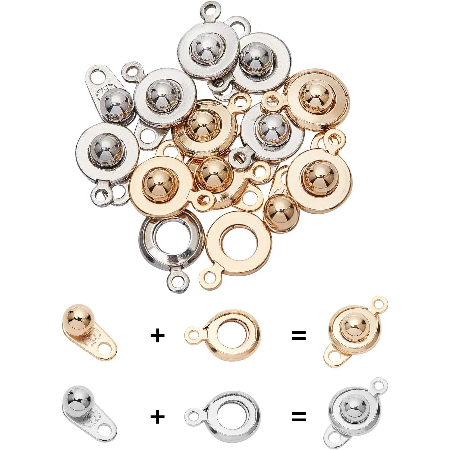 12 Sets 2 Colors Snap Clasp Stainless Steel Button Clasps with 2 Holes Fastener Clasp Connector  Clasps for Making Necklaces Bracelets 15mm Long
