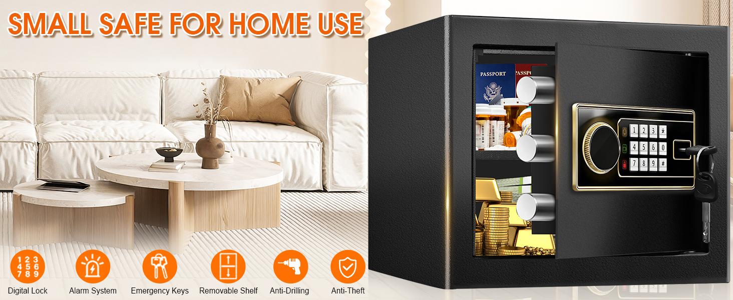 1.4 CUFT Small Fireproof Safe for Home Use, Security Personal Safety Box Fireproof Waterproof with Digital Keypad, Spare keys, Removable Shelf, Medium Safe Lock Box for Money, ID document, Dorm,home essentials