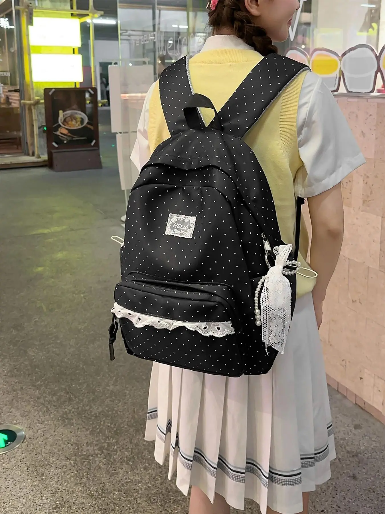 Gift for Women Gift for Men Holiday Gift Christmas Gift Thanksgiving Gift Gift Idea Perfect Gift Sweet Polka Dot Backpack for Girls, Casual Backpack, Comfortable Shoulder Bag with Lace Trim, Multi-Compartment Design, Perfect for School & Daily Use