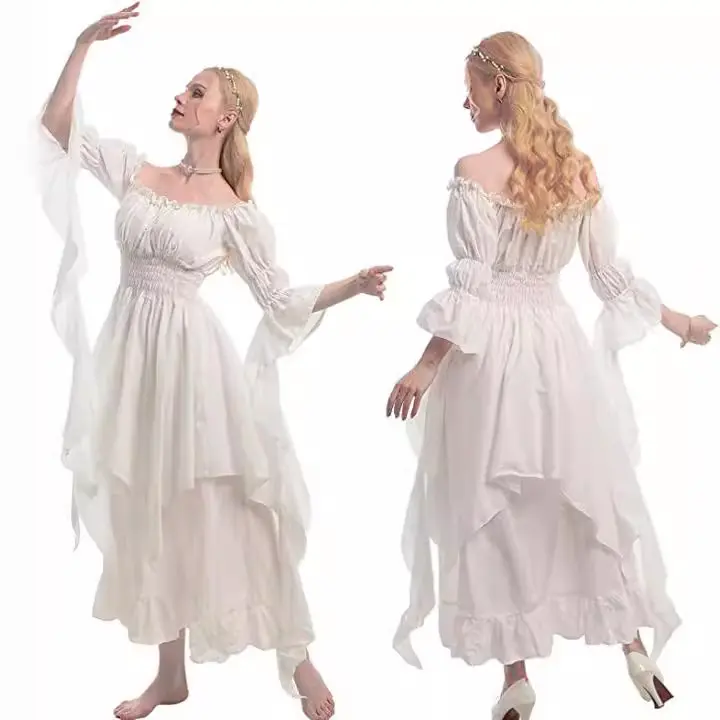 Women's Renaissance Gown, Ocean Style Medieval Cupro Blend Maxi Dress with Corset Waist for Halloween Cosplay, Gowns, Clothes, Full-Length, Long Fit, Machine Wash