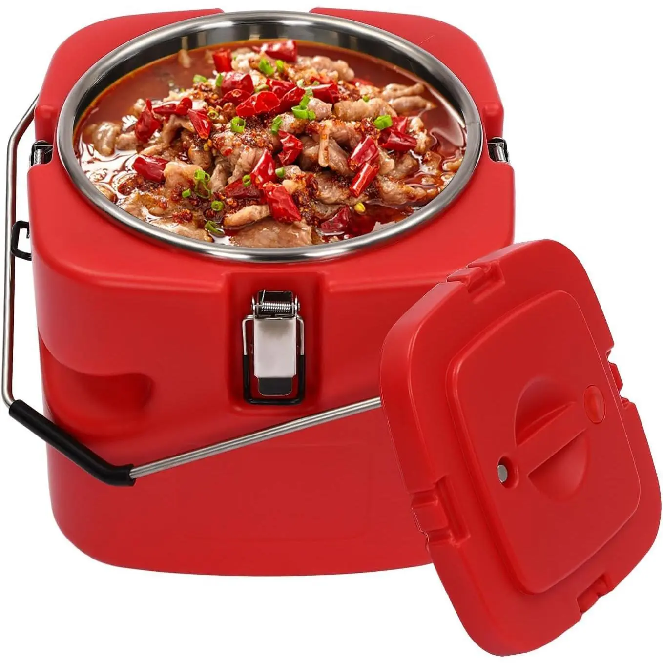 10Qt Insulated Soup Pan Carrier - Portable Commercial Hot-Cold Food Warmer Cooler with Stainless Steel Lining, Dust Cover, 1× Insulated Soup Container, Long Heat Hold, 13×12.8×12.2in/30×30×29cm Rectangular Single Unit for Commercial Kitchens, Home