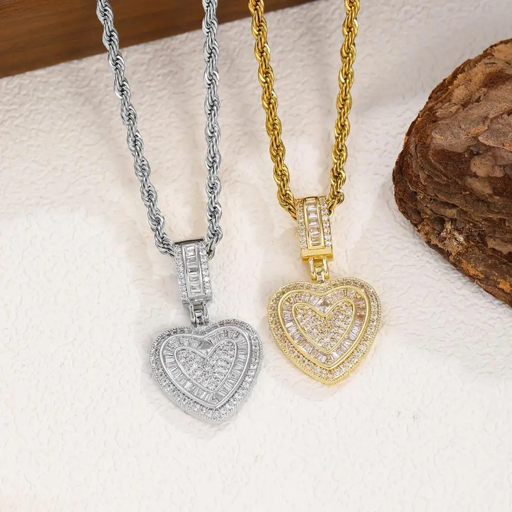 Hot Selling Gold Plated Copper Inlaid Zircon Heart Pendant Necklace For Women Men Hip Hop Cool Style Versatile Fashion Jewelry Trendy Streetwear Accessory Perfect For Daily Wear Party Street Style Gift