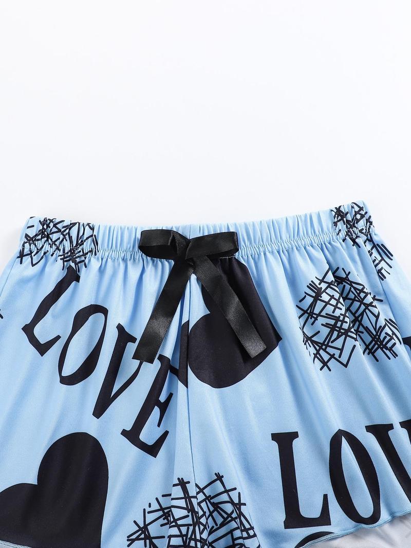 2 Pieces/ 6 Pieces  Women's Heart & Letter Print Lettuce Trim Pyjama Set, Casual Spaghetti Strap Cami Top & Bow Decor Shorts, Summer Sleepwear Loungewear Set for Women