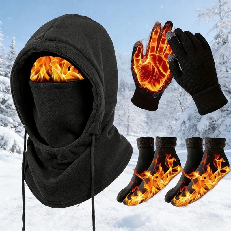 3 or 4-Piece Winter Warmth Set - Windproof and Warm Full-Face Mask Hooded Jacket, Gloves, and Thermal Socks - Extreme Cold Weather Gear for Skiing, Cycling, Snowboarding - Unisex for Adults (Hand Washable) - Ideal Christmas and New Year Gift