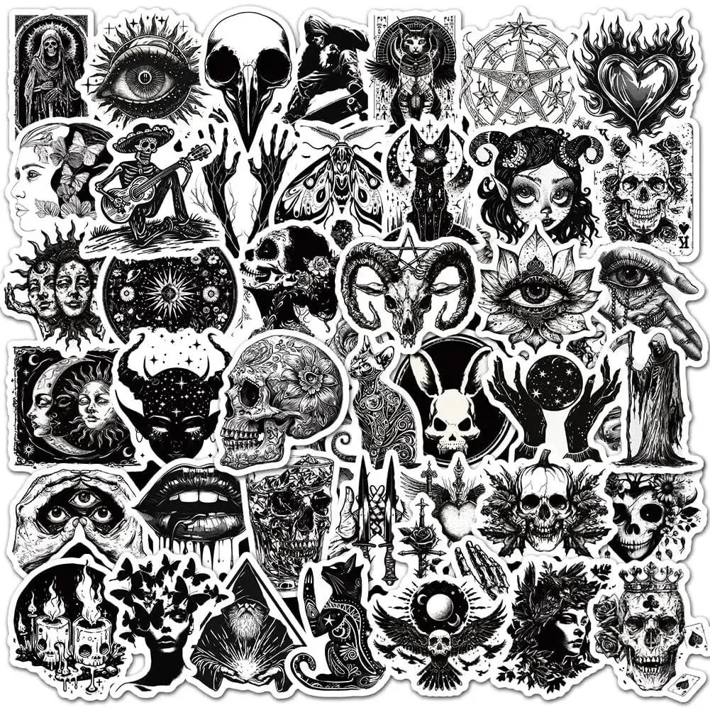 100Pcs Gothic Stickers Pack, Black and White Skull Stickers for Water Bottle Laptop Luggage Skateboard Planner Scrapbooking, Waterproof Vinyl Horror Decals for Teens Adults