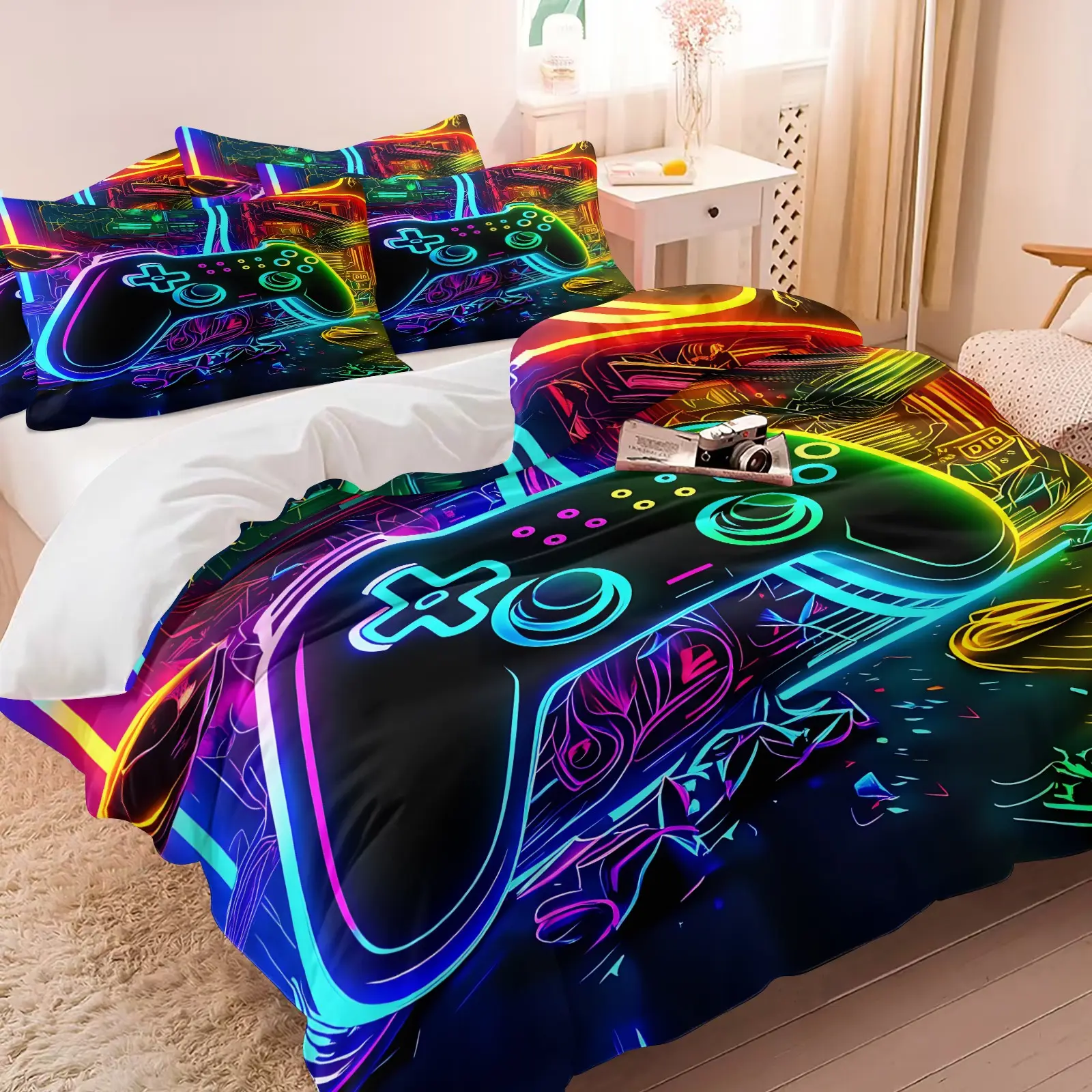 Neon Game Controller Print Duvet Cover Set (Includes 1 Duvet Cover + 1/2 Pillowcases), HD Digital Printing Four Seasons Bedding, Colorful Gaming Bedding, Soft Bedding Sets, Soft, Comfortable & Breathable Bedding Set, Gamer Bedroom Decor