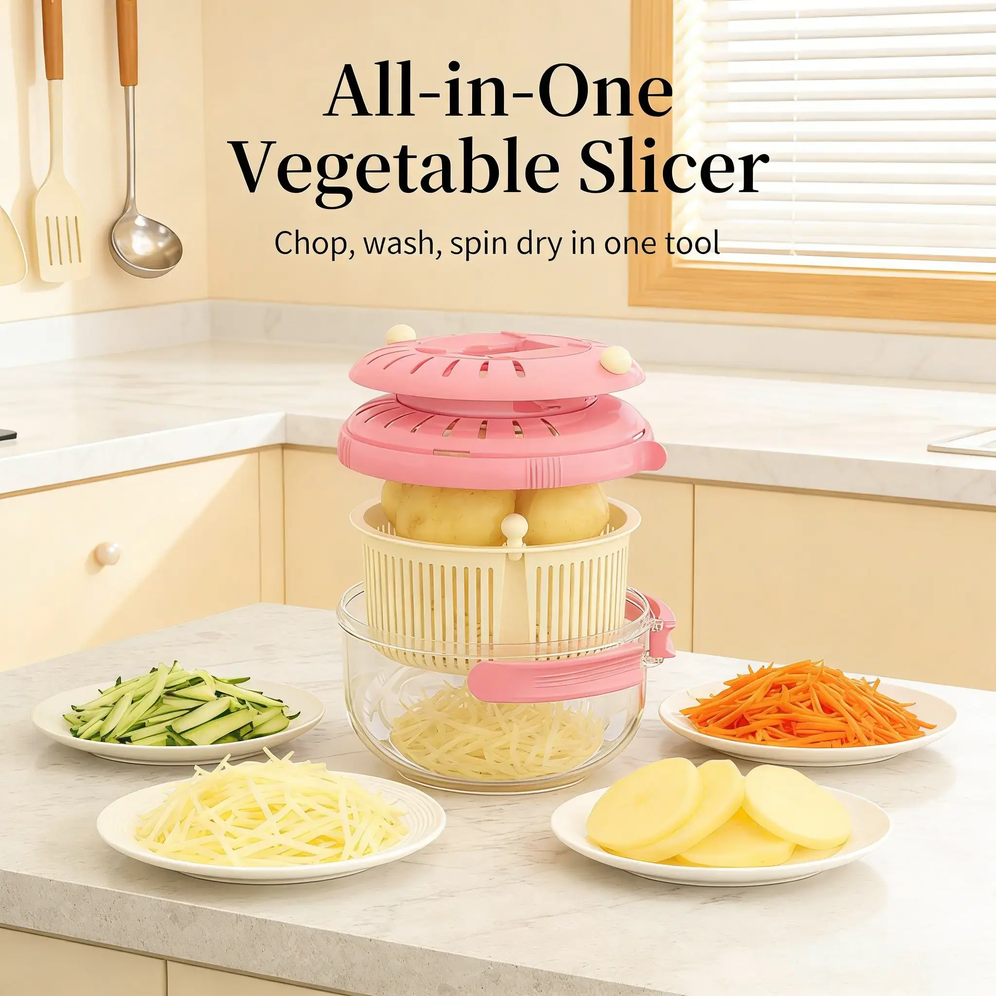 3 in 1 Kitchen Utensils Vegetable Cutting Slicer Shredder Grater With Drain Basket Hand Guard Design Multi Function Cutter For Slicing Shredding Washing And Spin Drying Home Kitchen Meal Prep Tool