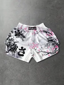 Men's Japanese Style Boxing Shorts, Ink Dragon Cherry Blossom Muay Thai Short Pants, Casual Sporty Wear, Fashion Lightweight Design