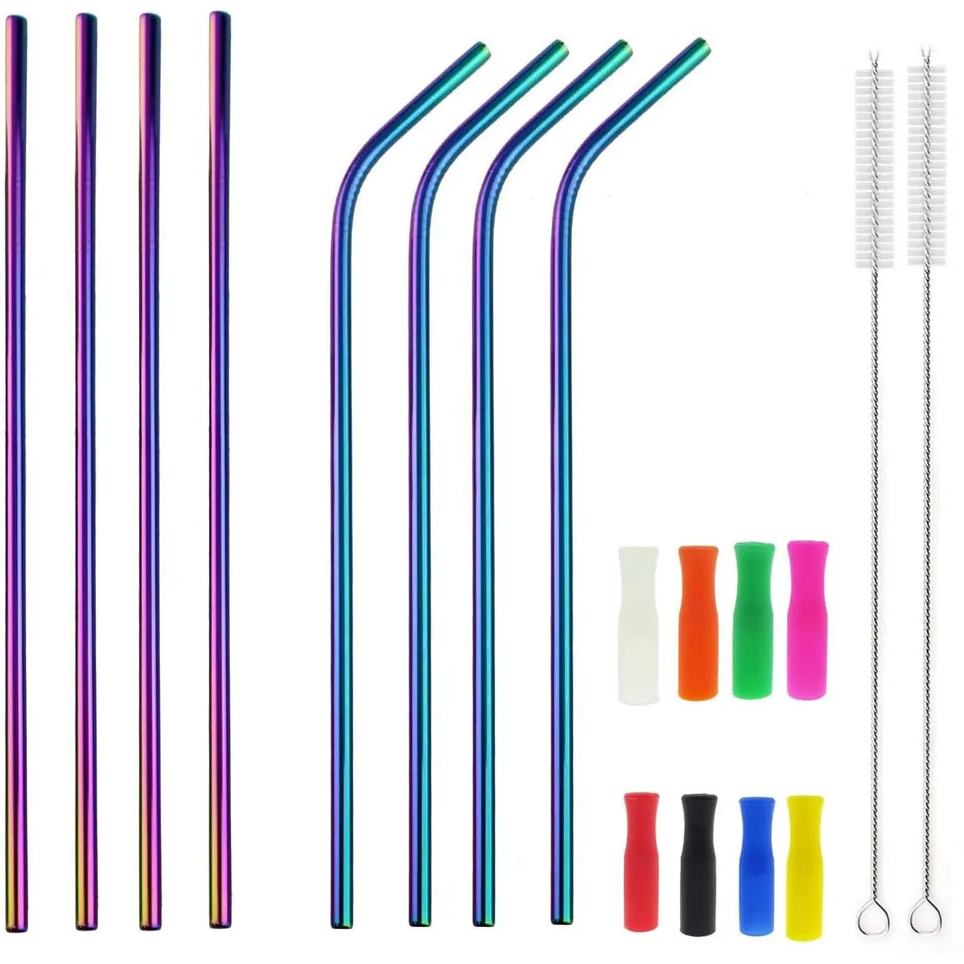 12 Inch Colorful Stainless Steel Straws, 8 count Ultra Long  Rainbow Color Metal Drinking Straws with  Tips and Cleaning Brush for Big Tumblers