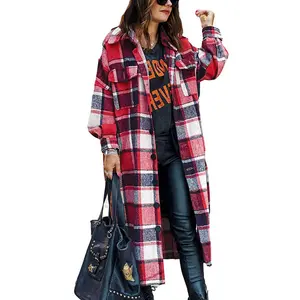 Long-sleeved women's trench coat with side slit, turn-down collar, loose fit, woolen plaid shirt jacket for women
