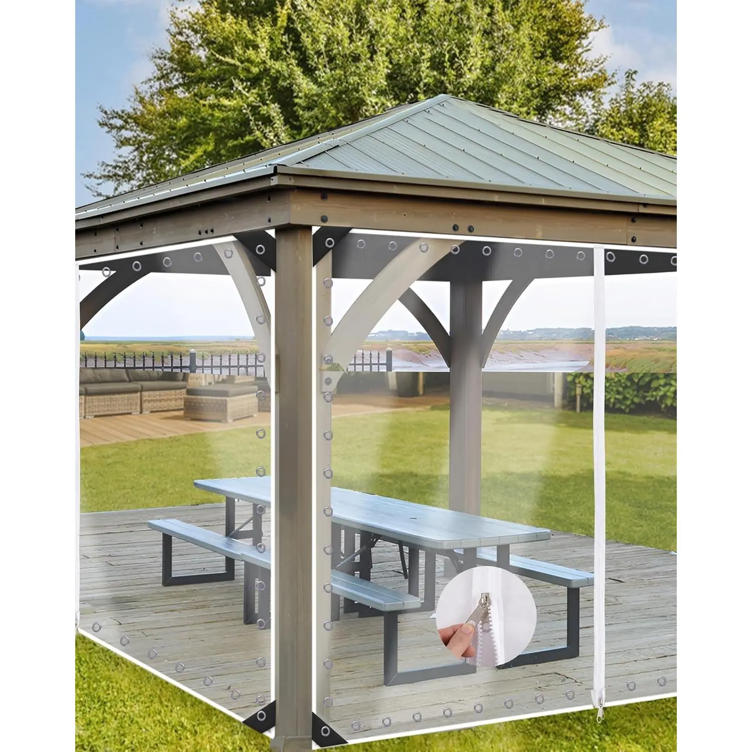 8'H x7'W Outdoor Vinyl Curtain 19oz Clear Tarps with Zipper,Vinyl Patio Enclosure,Outdoor Curtains Heavy Duty  Transparent Tarp with Grommets for Gazebo Porch Balcony Pergola