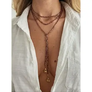 Boho Y2K Aesthetic Ethereal Beaded Extra Long Wrap Lariat Y Necklace Adjustable Statement Jewelry for Deep V Neck Outfits Daily Wear Vacation Outings for Women