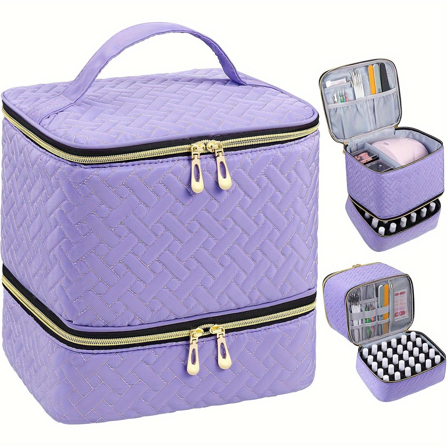 Double Layer Nail Polish Organizer Makeup Box, Portable Large Capacity Travel Case, Zipper, Durable and Lightweight