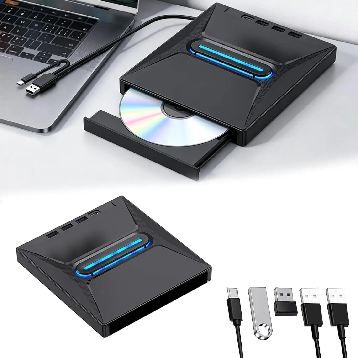 External CD DVD Drive for Laptops, USB 3.0 Portable Burner Reader Writer, 3 USB Ports, Type-C, TF/SD Slot, Compatible with Windows/macos