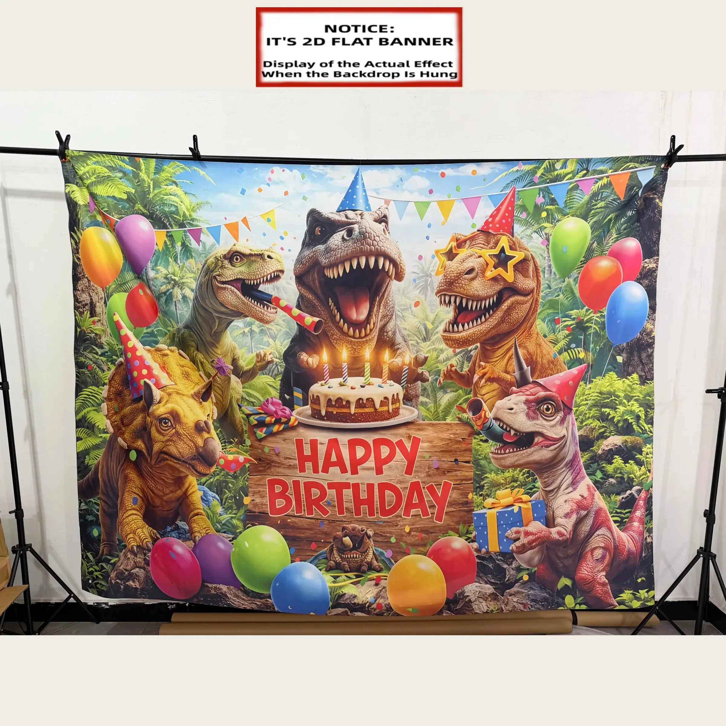 2D Flat Banner 1pc, Dinosaur Theme Birthday Party Banner Background, Birthday Party Decorations - Jungle Dinosaur Birthday Theme Featuring Various Dinosaur Designs Paired with Colorful Balloons Birthday Cake Gift Boxes Triangular Flags and Confet