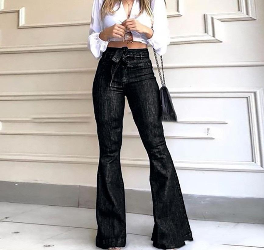 2024) European and American New Fashion High Waist Hip Lift Lace-up Bell-Bottom Pants Wide Leg Pants Jeans for Women Womenswear Underwear Trouser Streetwear Trouser Streetwear Blue Denim Formal Casual Chic Comfort bell bottom jeans