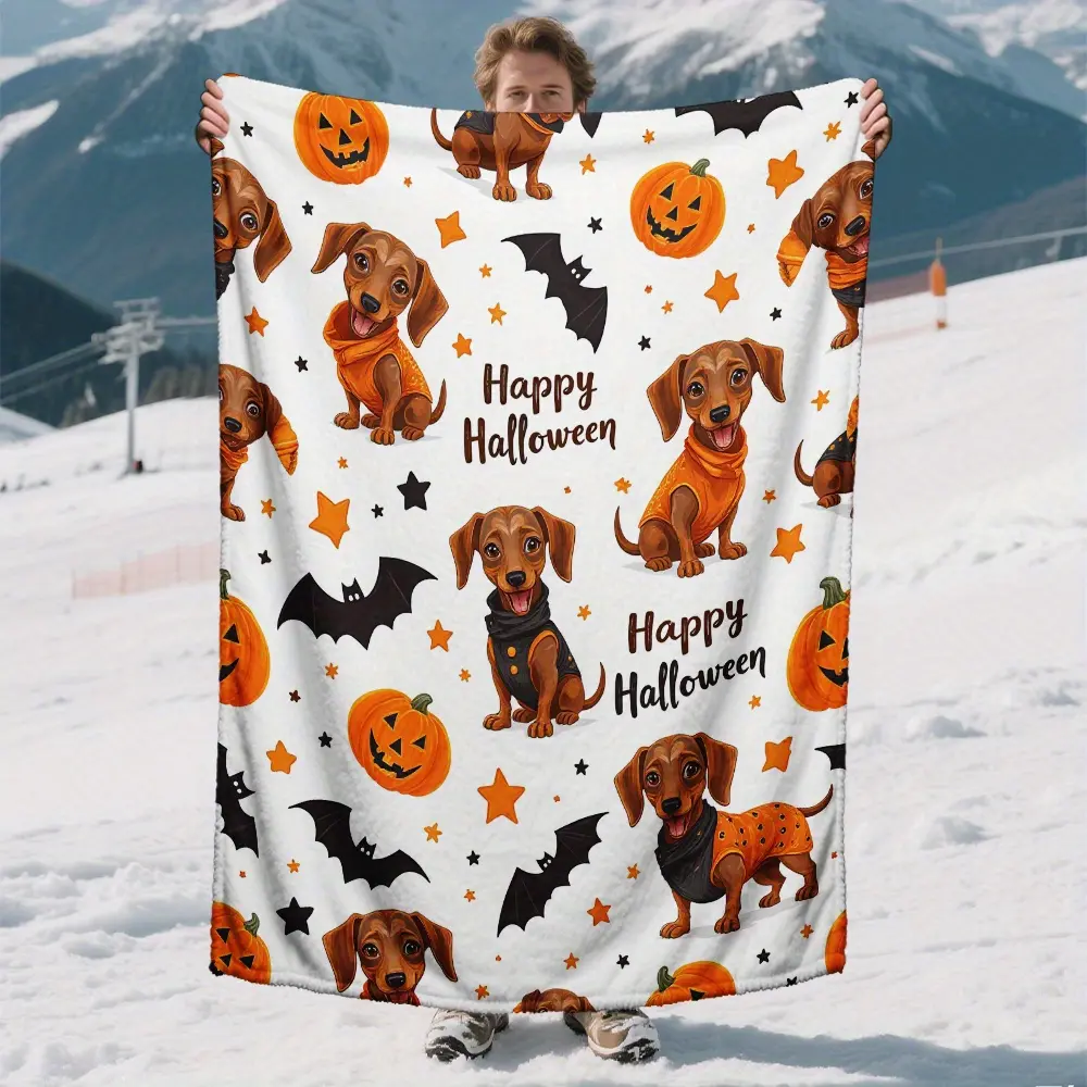 1pc, Dachshund Pumpkin Design Flannel Throw Blanket, Soft Trick or Treat Blanket for Swing Chairs, Porch Sofas, or Guestroom Decor, Cozy All-Season Halloween Gift, Autumn Decoration
