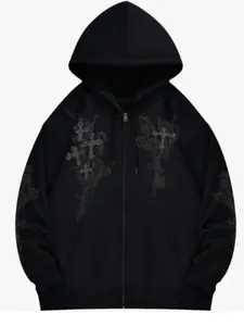 Men's Graphic Cross Print Zipper Hoodie, Couples Lazy Style Oversize Casual Long Sleeve Top, Fall Season Loose-Fitting Shirt