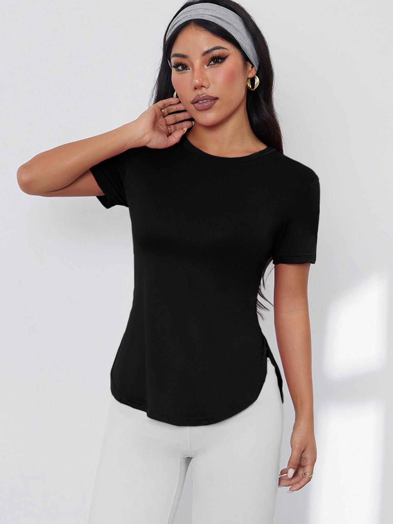Women's High Stretch Solid Color T-Shirt, Short Sleeve Round Neck Top Fitness Running Tops for Outdoor, Training, Running and Everyday Wear