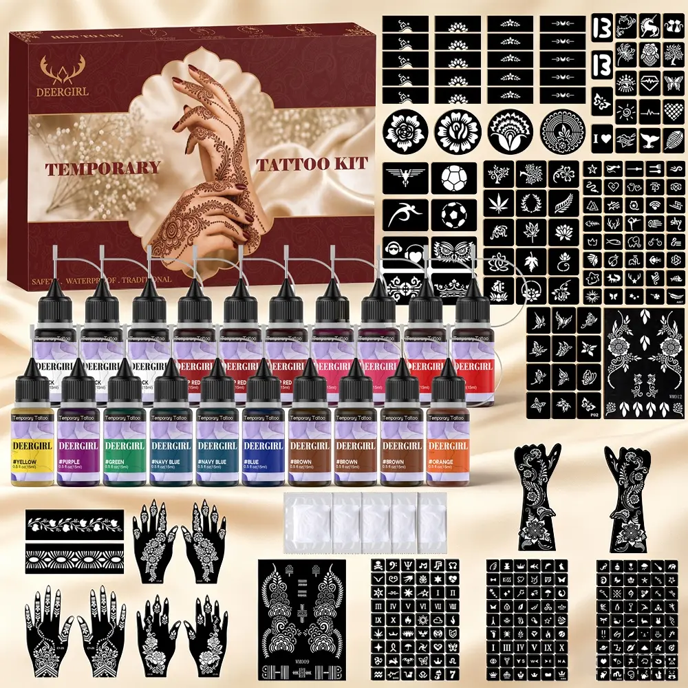 Multi-color DIY Hand Drawing Tattoo Kit, 12 Bottles Plant Extract Tattoo Ink, Full Series Retro Floral Palm Letter Symbol Hollow Stencils With Cleansing Wipes, Zero-failure Temporary Tattoo Gift Box For Holiday Aesthetic Body Look Tattoo Set