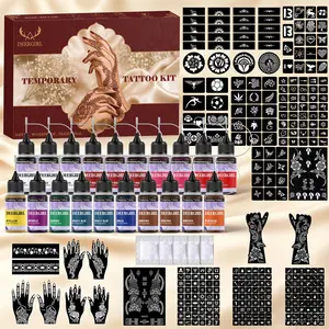 Multi-color DIY Hand Drawing Tattoo Kit, 12 Bottles Plant Extract Tattoo Ink, Full Series Retro Floral Palm Letter Symbol Hollow Stencils With Cleansing Wipes, Zero-failure Temporary Tattoo Gift Box For Holiday Aesthetic Body Look