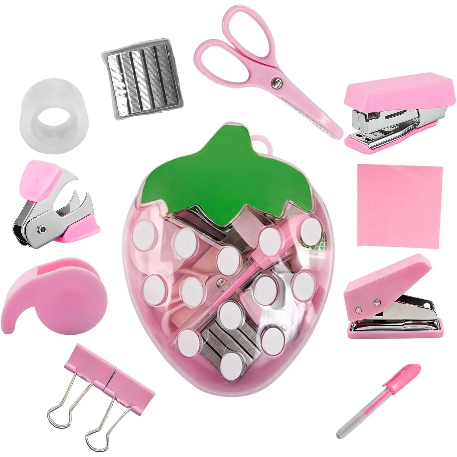Mini Office  Kits Strawberry Mini Stapler Set, 11 count Portable School Supplies Kit with Mini , Tape Dispenser, Hole Puncher, Sticky Notes for Desk Organization, for  to School