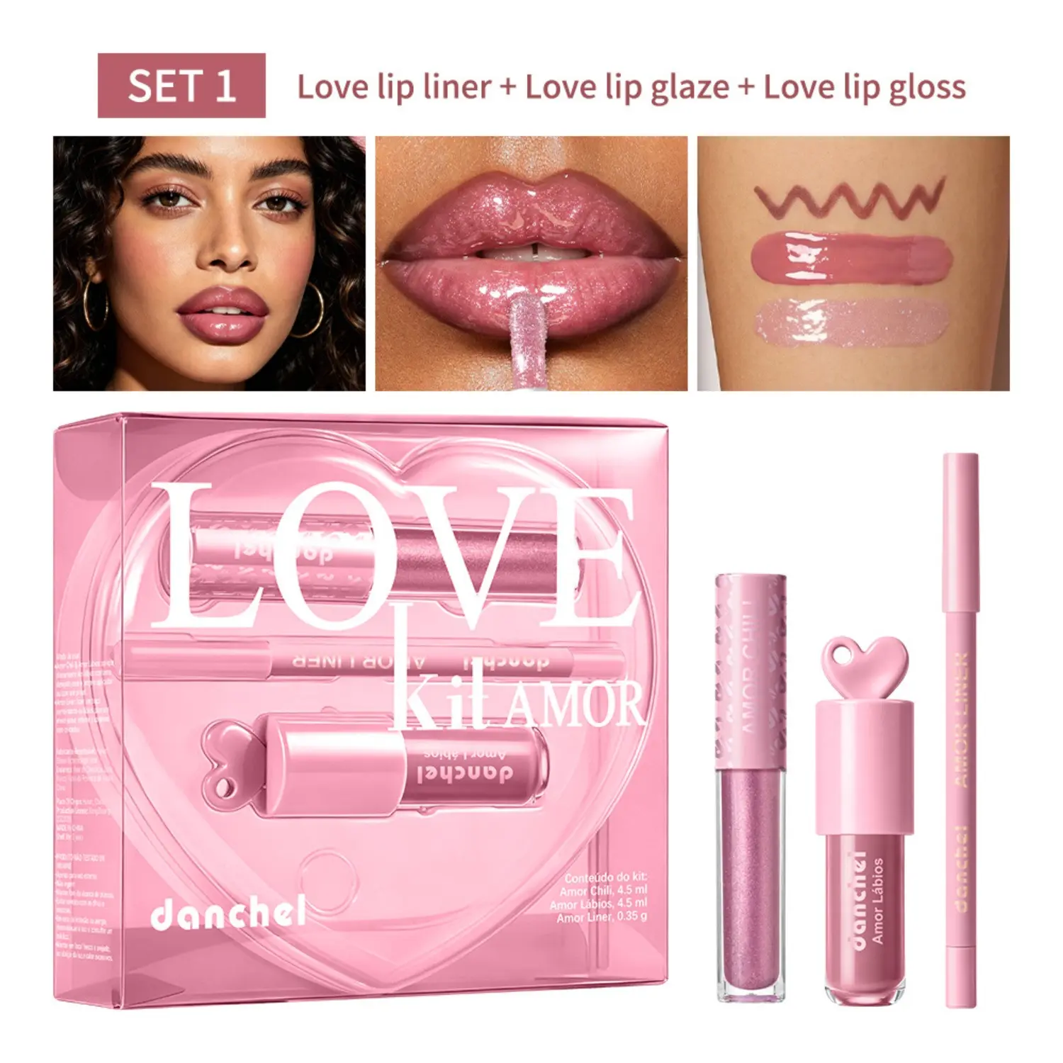 Heart-Shaped Lip Gloss Set, Transparent Box, Includes Lip Gloss, Lip Balm, Lip Liner, Perfect for Makeup Lovers