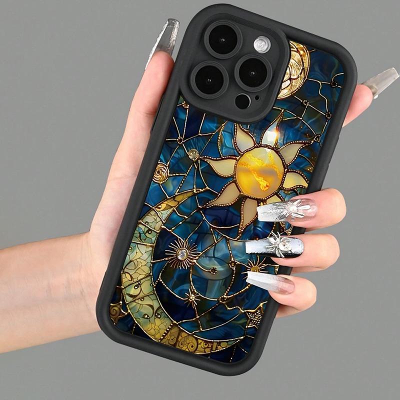 Vintage Phone Case Moon and Sun Pattern Case for IPhone 16 15 14 Pro Max 13 12 11 XR XS Plus Shockproof Non Slip Military-Grade Protection Silicone Cover