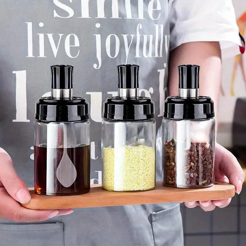 3pc 250ML Transparent Spice Tank, Automatic Opening and Closing, Ideal for Seasoning Oil, Salt, and Vinegar, Durable Plastic Design