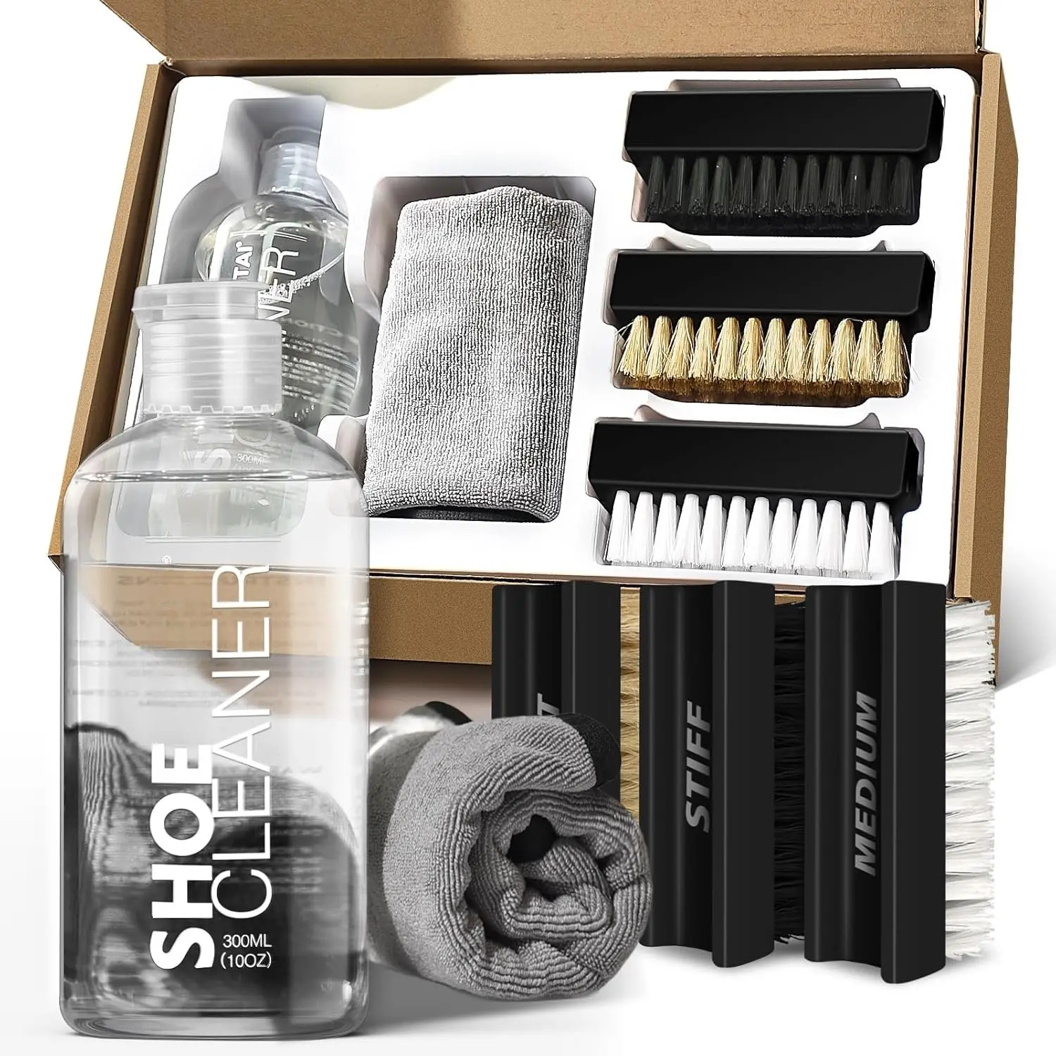 Shoe Cleaner Kit for Sneakers 10oz with 3 Brushes & Towel | Shoe Cleaning Kit for Suede Canvas PU Fabric Boots, Removes Dirt Stains, Includes 3 Brushes & Microfiber Towel, Clear