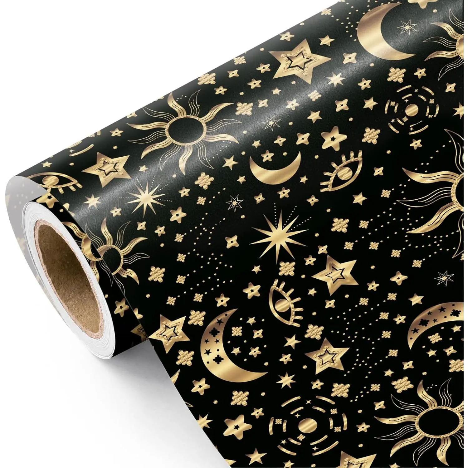 WRAPAHOLIC Galaxy Wrapping Paper Roll - Mini Roll - 17 Inch x 16.5 Feet - Black and Gold Space Moon Star Suns Celestial Wrapping Paper for Birthday, Wedding, Baby Shower