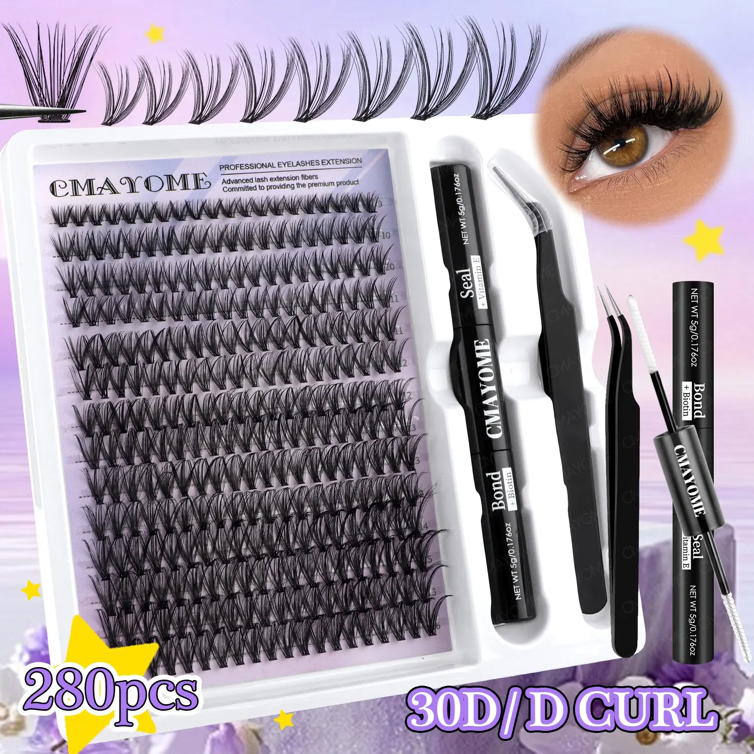 280 Clusters 9-16mm DIY False Eyelash Extension Kit, CMAYOME Lash Clusters Kit, Kit Includes Glue and Tweezers, Easily Create Volumizing Effect, Natural Makeup Look, Easy to Apply, Suitable for Daily Wear and Special Occasions