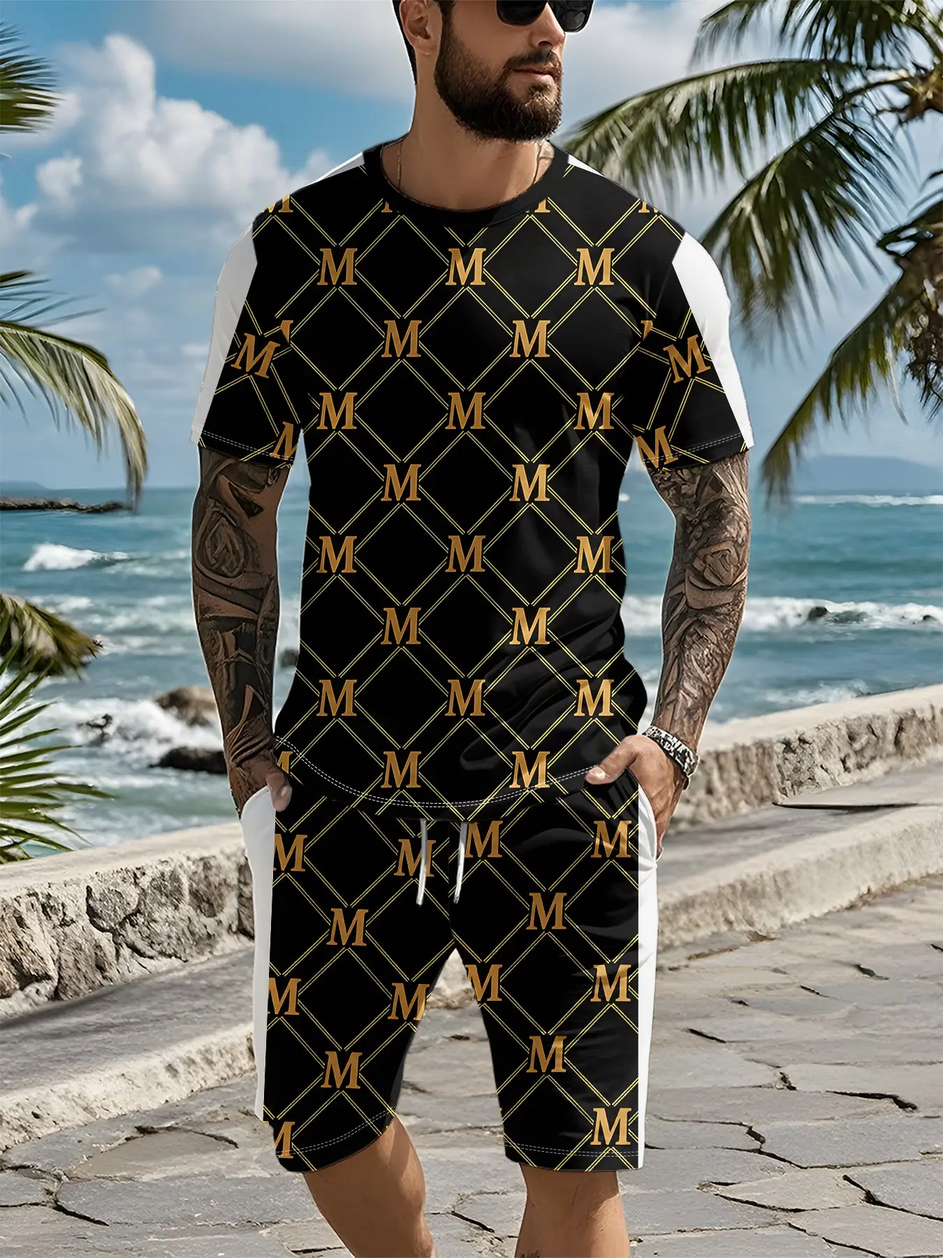 Luxury trendy casual 3D digital print two-piece set with all-over black gold diamond pattern and contrasting white side panels, 2Pcs, fashion trendy suit, trendy vintage casual two-piece set, vacation-style trendy outfit, breathable sports casual style, t