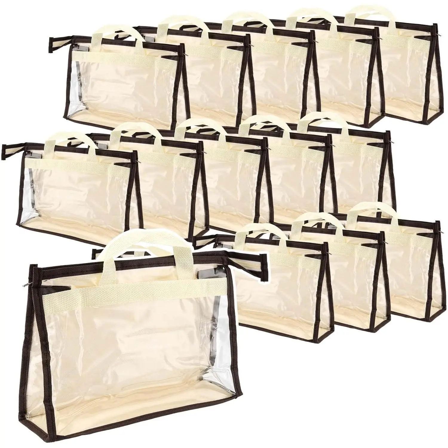 18 Pack 3 Sizes Clear Handbag Storage, Clear Purse Protector Bag with Zipper and Handle Purse Storage Dust Bags for Closet, Beige and Transparent