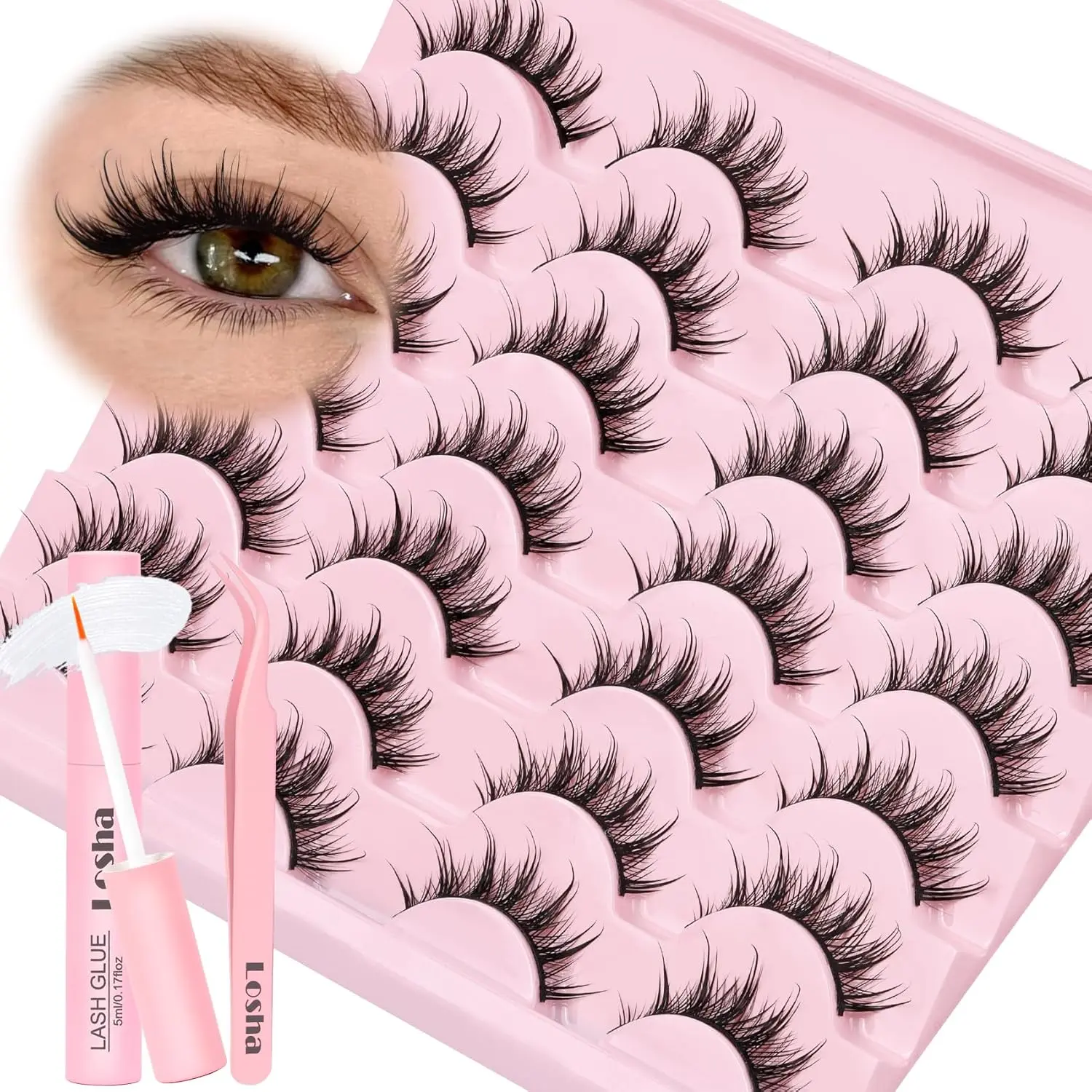 Spiky Manga 14 Pairs Asian Anime Eye Kit with Glue and Tweezers Wet Look Wispy False Eye (Spiky)
