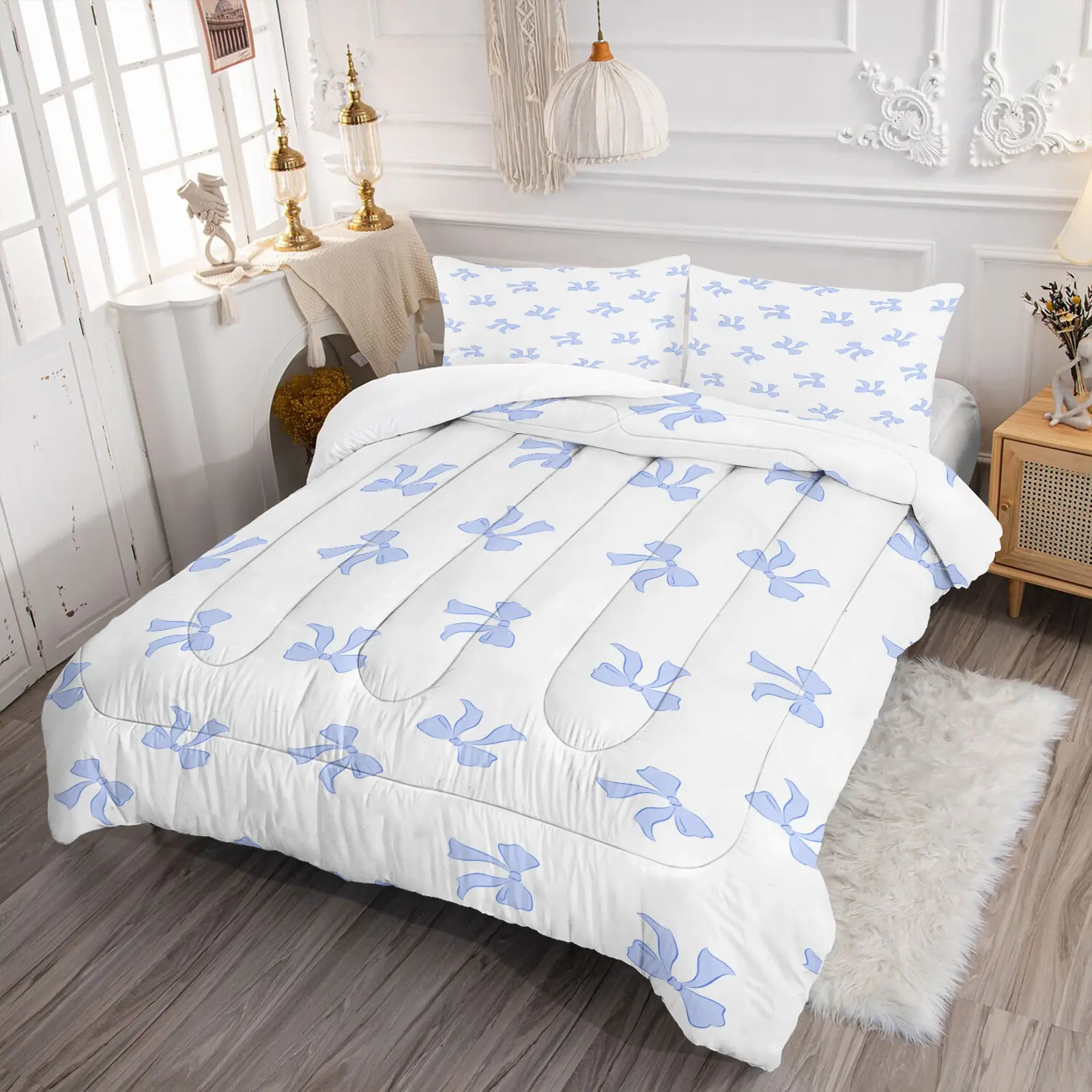 Fresh Sky Blue Ribbon Bow Quilted Comforter Set & 1-2 Coreless Pillowcases, Skin-friendly Microfiber Breathable Comfort For All Seasons, Lovely Decor For Kids Room And Girls Bedroom, Ideal Gift Option