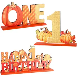 3 Pieces Fall Pumpkin ONE Wooden Table Decor Set, My First Birthday Pumpkin Theme Tabletop Centerpiece Signs, Autumn Buffalo Plaid Glitter Number 1 Wooden Letter Decor for Baby 1st Birthday Party Cake Smash Photo Prop Mantel Decorations