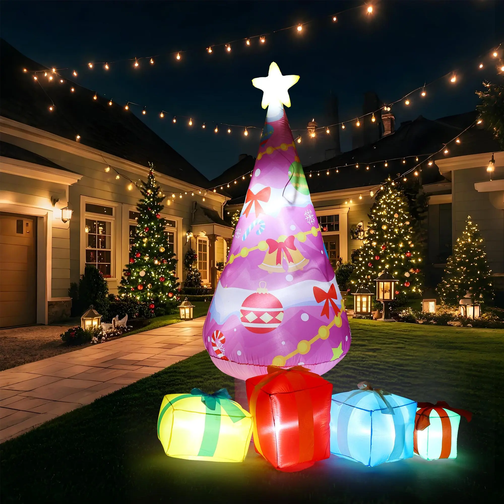 Pink Inflatable Christmas Tree, 7.1ft Outdoor Yard Decoration. Pre-Lit LED Lights, Waterproof. With Gift Boxes & Star. Easy Setup, Windproof Stakes. For Lawn, Garden, Party. Unique Holiday Decor